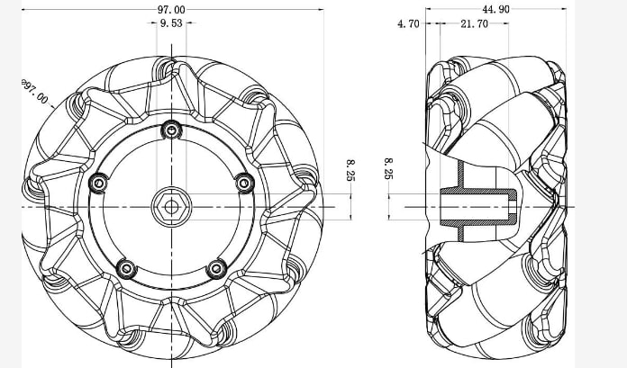 Mechanical Drawing - DFRobot FIT0767 Black Mecanum Wheel (97mm) - Left